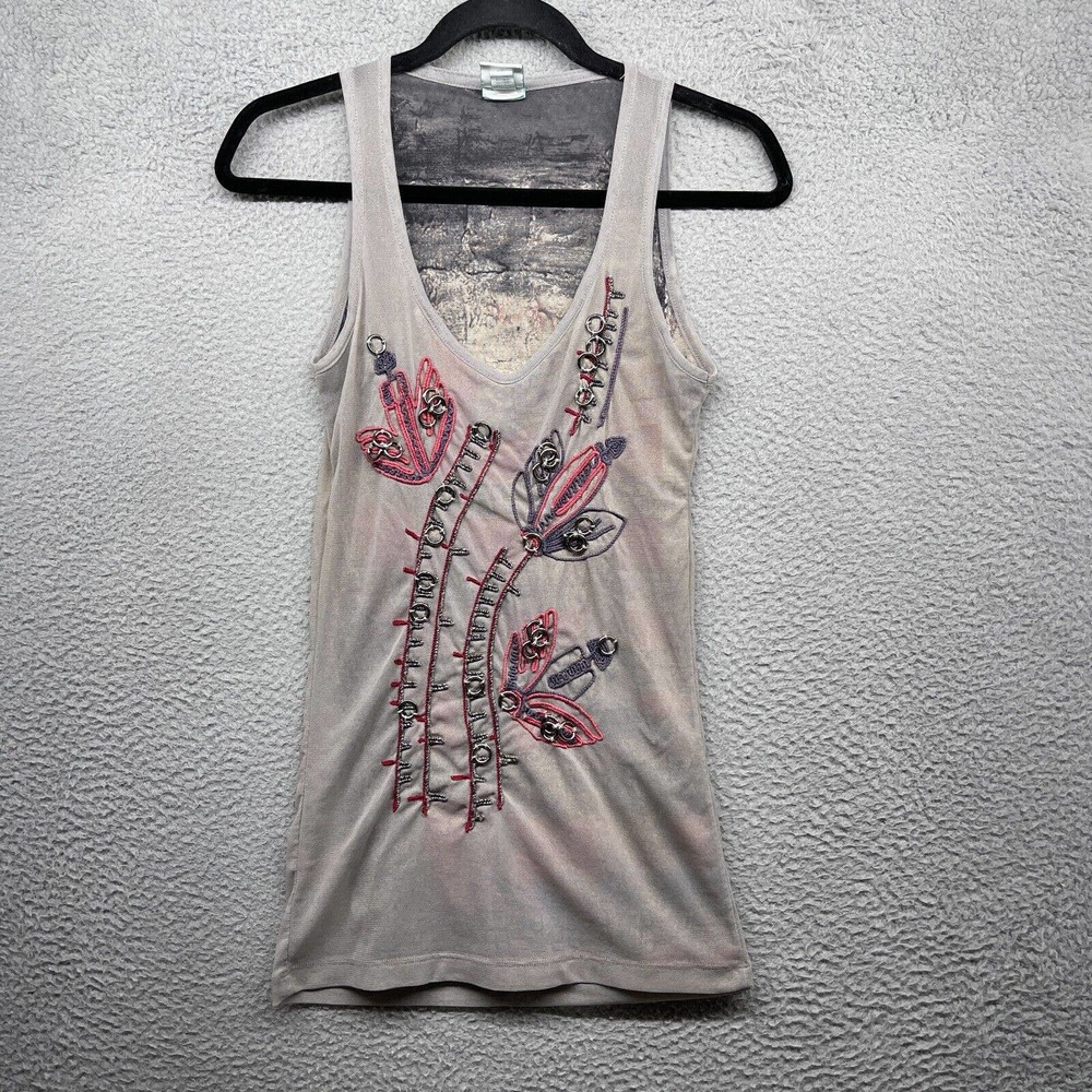 Legatte Jeans Womens Tank Top Gray Floral Embroidered Ring Scoop Neck Size 12